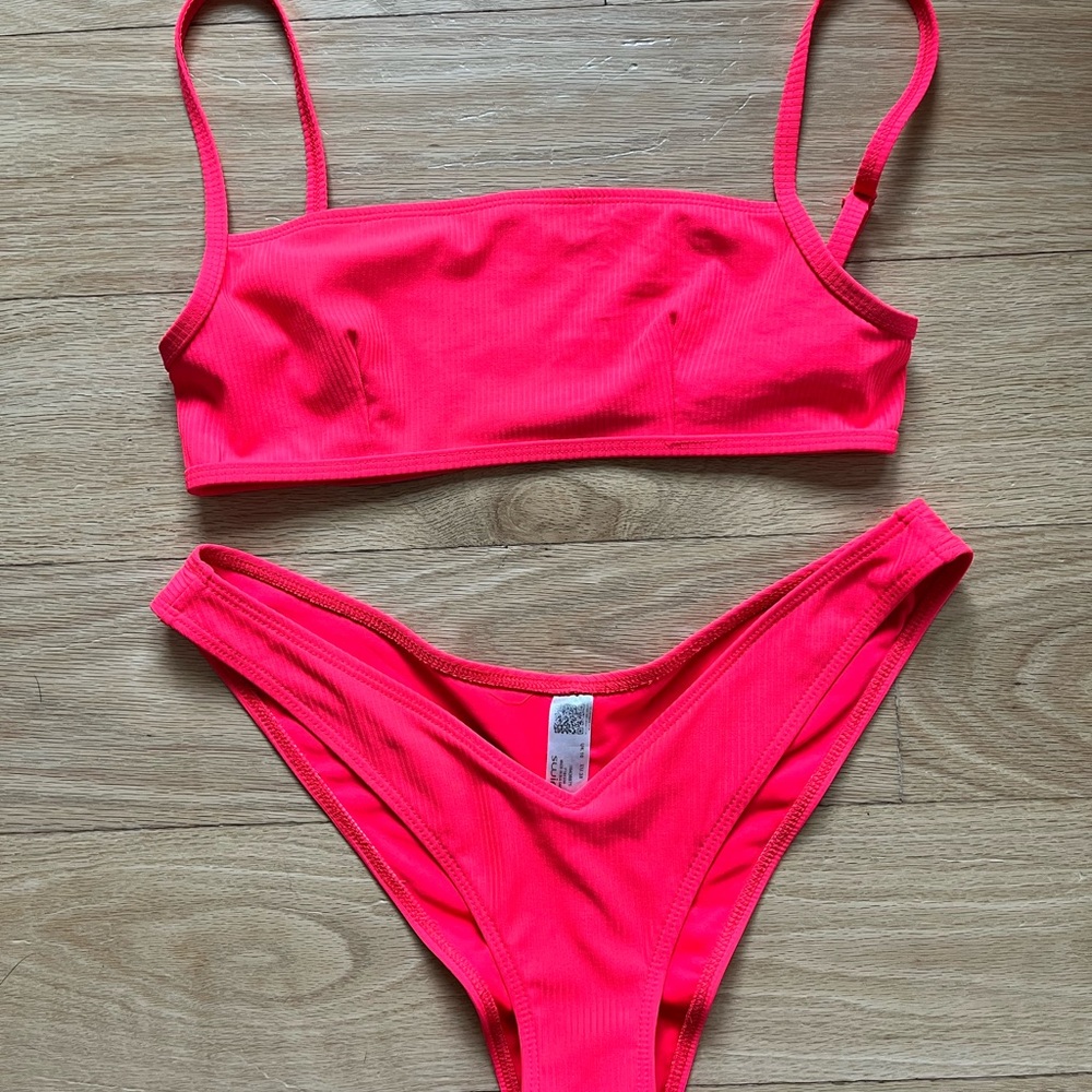 ASOS Neon Pink String Back Bikini Ribbed SET